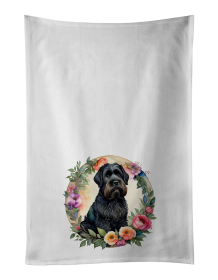 Black Russian Terrier and Flowers Kitchen Towel Set of 2