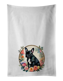 Black French Bulldog and Flowers Kitchen Towel Set of 2