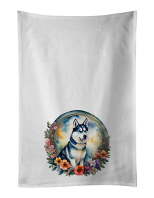 Siberian Husky and Flowers Kitchen Towel Set of 2