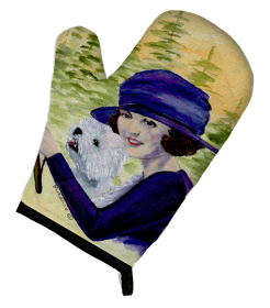 Woman driving with her Westie Oven Mitt